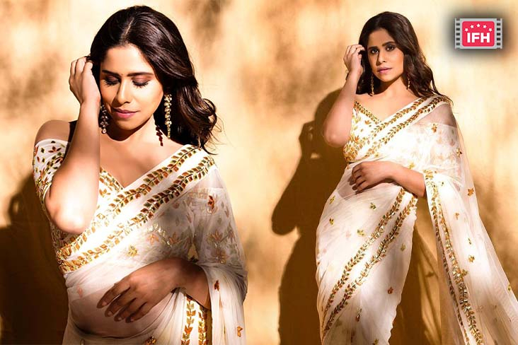 Sai Tamhankar Looks Radiant In A White And Gold Saree